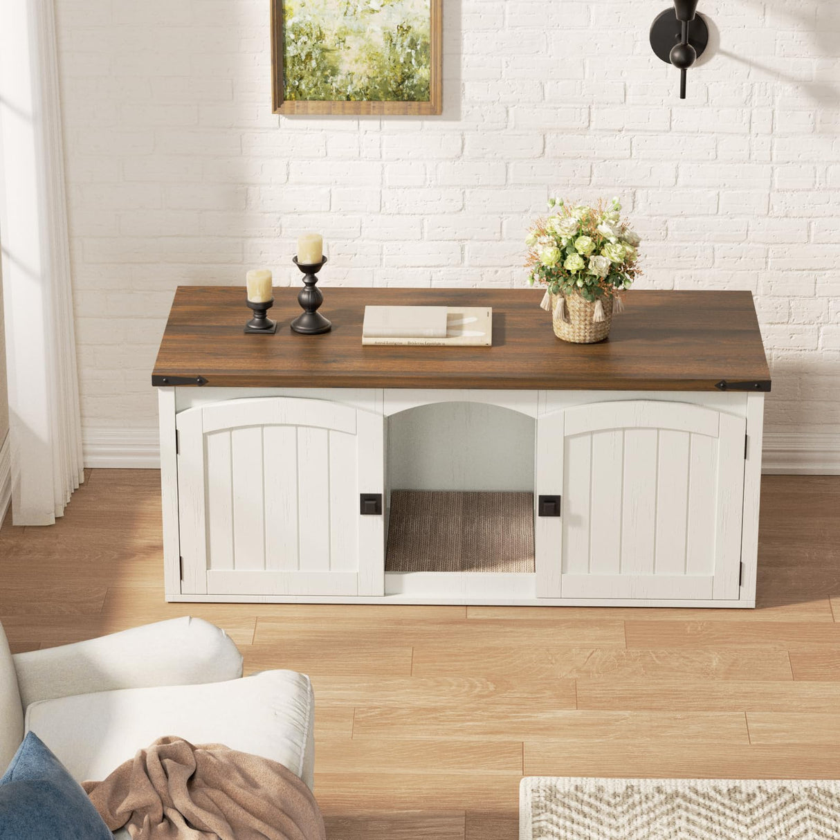 Halitaa Double Cat Litter Box Enclosure, Hidden Litter Box Furniture for 2 Cats, Farmhouse Cat House with Scratch Pad for 2 Litter Boxes, Wooden Enclosed Litter Box Furniture, Entryway Bench, White Halitaa