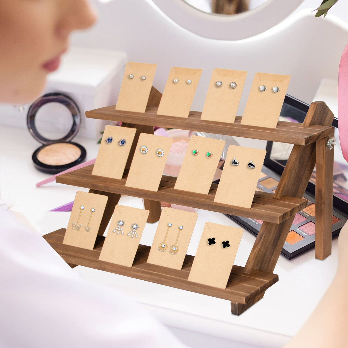 ZYP 51pcs 3-Tier Wood Earring Display Stand, Retail Jewelry Card Stand with Groove + 50 Cards Portable Ring Organizer Holder Showcase Racks for Business Home Using ZYP