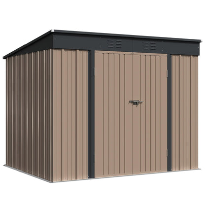 Greesum Outdoor Storage Shed 8FT x 6FT, Steel Utility Tool Shed Storage House with Door & Lock, Metal Sheds Outdoor Storage for Backyard Garden Patio Lawn, Brown