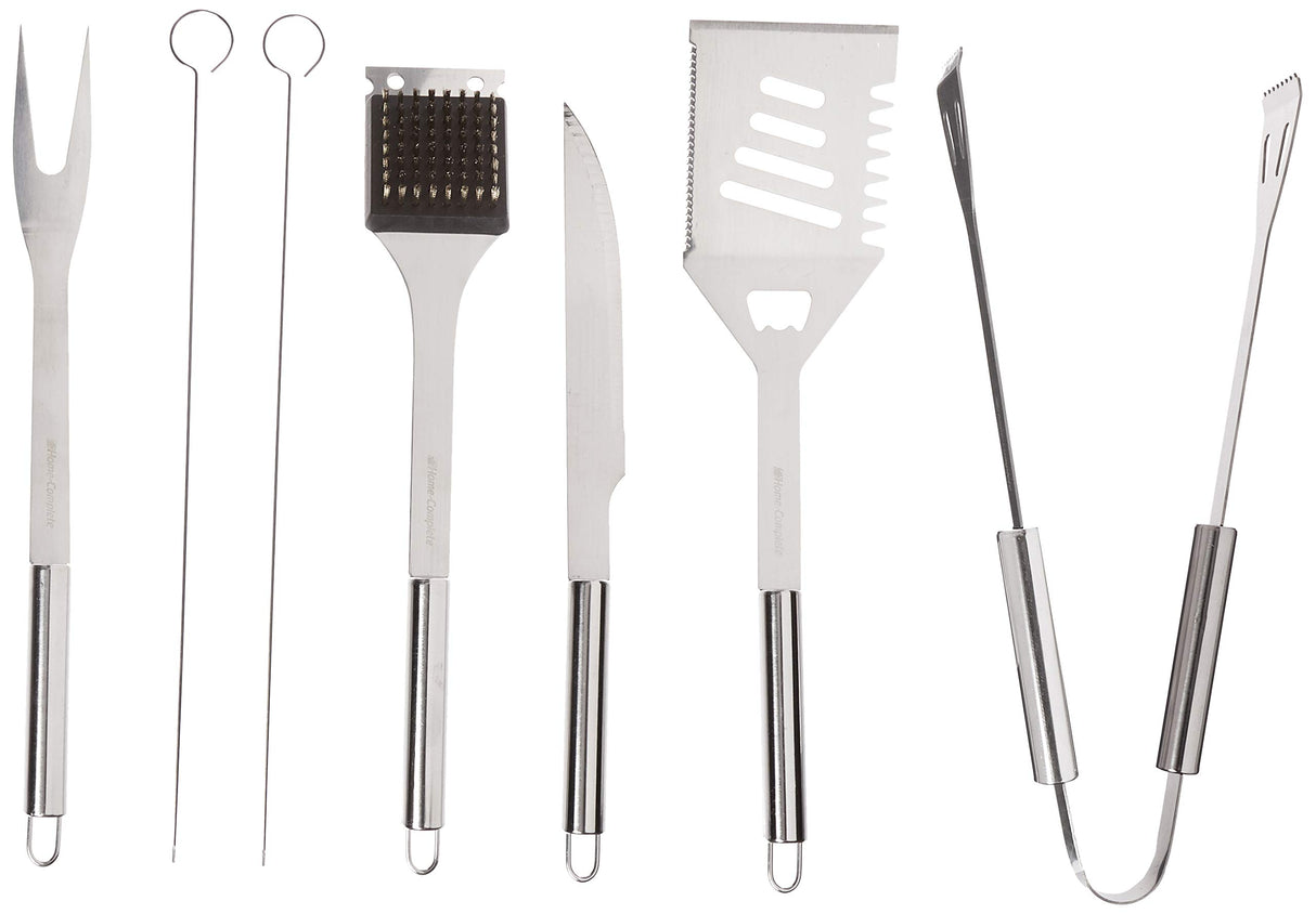 Home-Complete HC-1004 7 Grill Tool Kit-Stainless Steel BBQ Accessories Kitchen Set with Spatula, Tongs, Fork, Knife, Brush, Skewers, and Case, 8-Piece Travel, Silver Home-Complete
