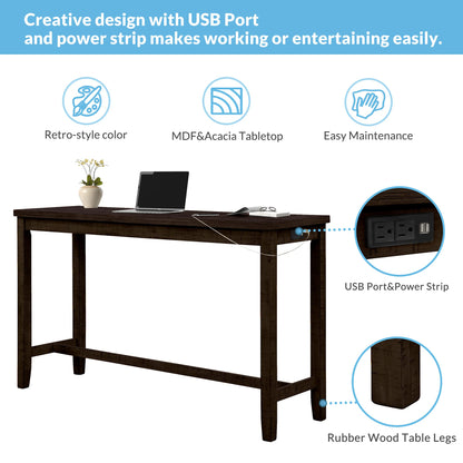 Merax Rustic 4-Piece Counter Height Bar Table Set with Charging Socket and Fabric Padded Stools in Brown