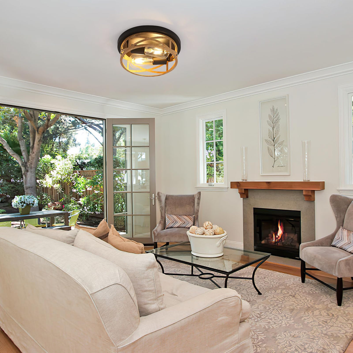 2 Pack Close to Ceiling Light Fixtures, 2-Light Indoor House Flush Mount Ceiling Light, 11 Inch Metal Cage Cross Wood Finish Farmhouse Ceiling Lights for Kitchen Hallway Bedroom DOXVIEZE