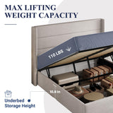 Allewie Queen Size Hydraulic Lift Storage Bed with Elegant Wingback Headboard in Light Beige Allewie