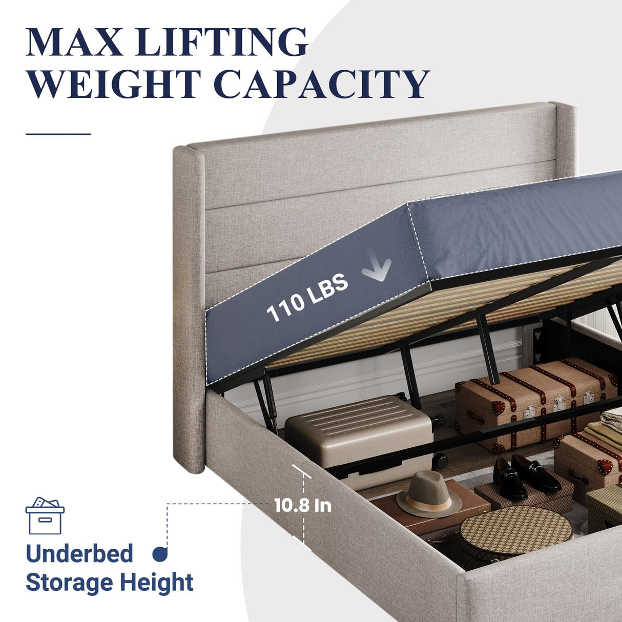 Allewie Full Size Lift Up Storage Bed, Modern Wingback Headboard, Hydraulic Support, No Box Spring Needed, Light Beige Allewie