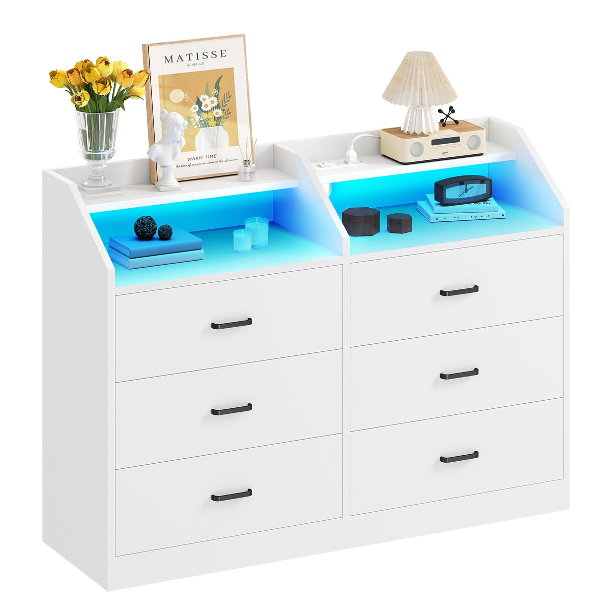 DWVO 6 Drawer Dresser with LED Light and Charging Station, Modern Chest of Drawers, Wide Drawer Organizer Cabinet for Living Room, Entryway, Hallway DWVO