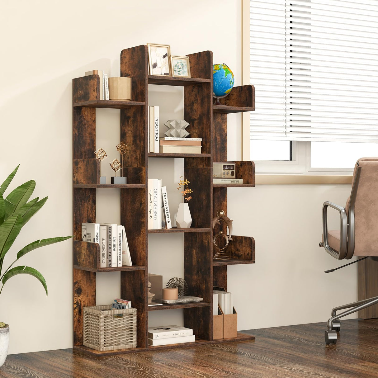 Tangkula Freestanding Tree Bookshelf, Corner Storage Organizer with 13 Open Shelves, Decorative Display Cube Shelf for Living Room, Study, Office, 34 x 9.5 x 55.5 Inch (1, Rustic Brown) Tangkula
