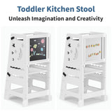 TOETOL Bamboo Toddler Kitchen Stool for Kids Step Stool - White Little Helper Tower Adjustable Height with Learning Black & White Activity Board1 TOETOL