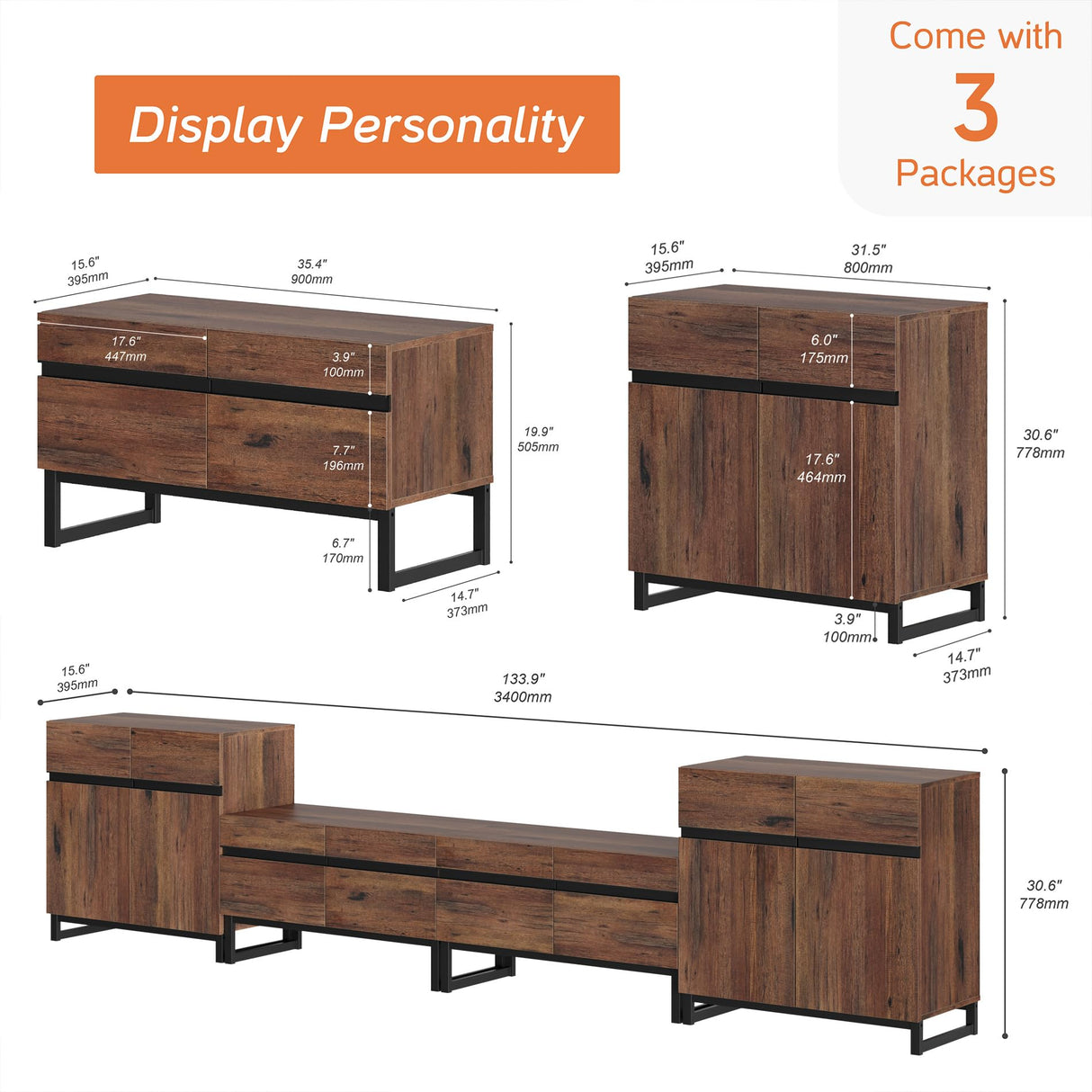 WAMPAT Modern TV Stand for TVs up to 110 inch, 4 in 1 Wood Entertainment Center TV Console Table with Adjustable Shelves and Metal Base for Living Room,Bedroom,Oak WAMPAT