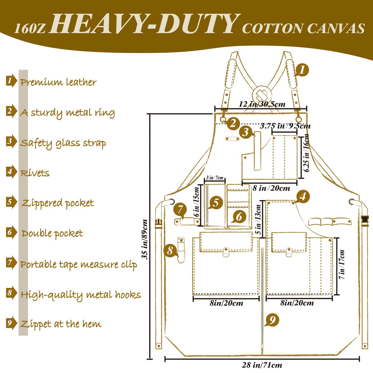 Stenffy Work Apron, Canvas Apron, Adjustable Weight, Tool Aprons with Multiple Pockets, Adjustable Zipper, Metal Ring, Tape Measure Clip, Apron for Men Women, 27In*36In, Khaki. Stenffy