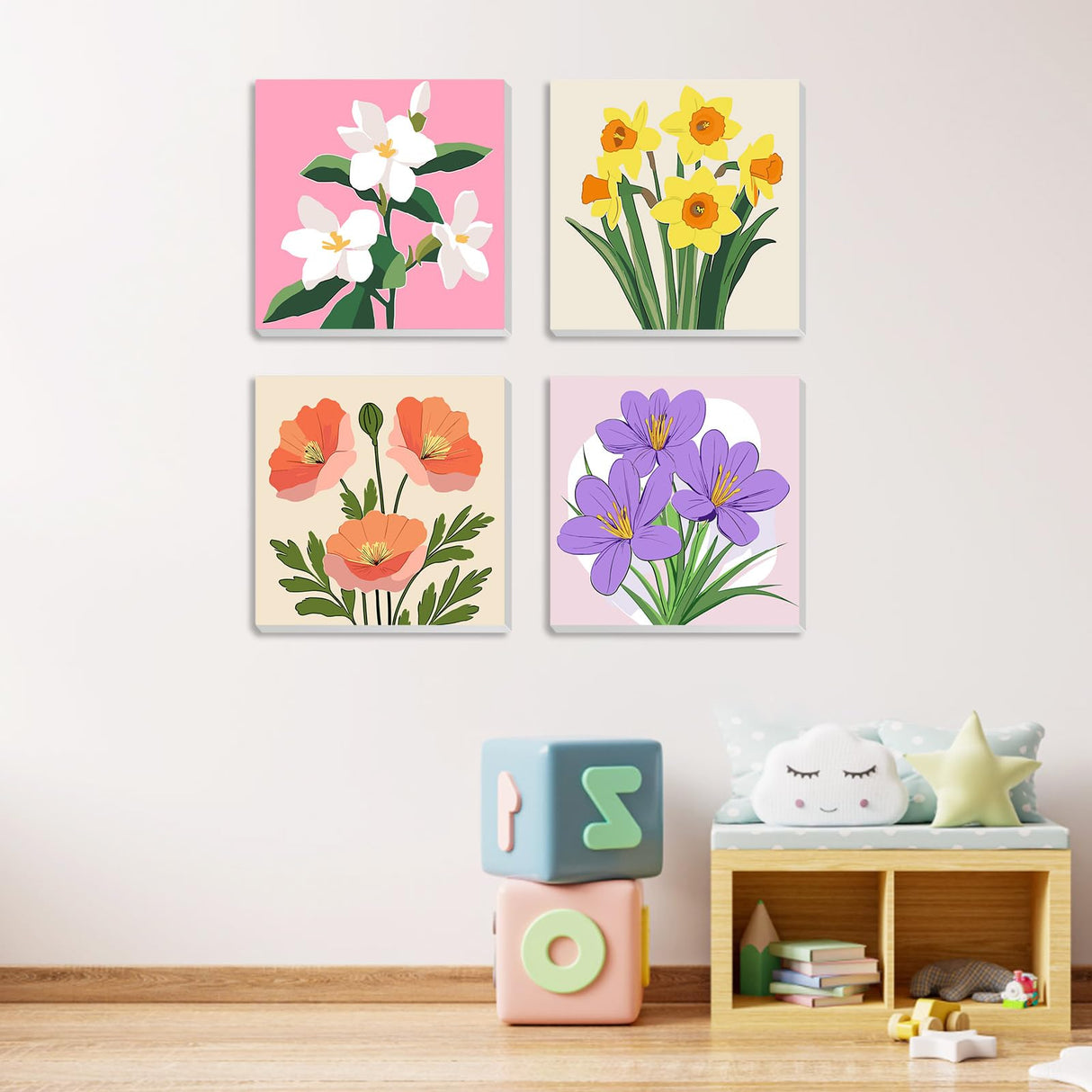 MXJSUA 4 Pack Flowers Paint by Numbers Kit with Framed Canvas for Ages 6-12 Kids, Paint by Numbers Kits for Adult Beginners, Acrylic Oil Painting for Home Wall Decor Gift (8x8 inch) MXJSUA