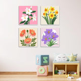 MXJSUA 4 Pack Flowers Paint by Numbers Kit with Framed Canvas for Ages 6-12 Kids, Paint by Numbers Kits for Adult Beginners, Acrylic Oil Painting for Home Wall Decor Gift (8x8 inch) MXJSUA