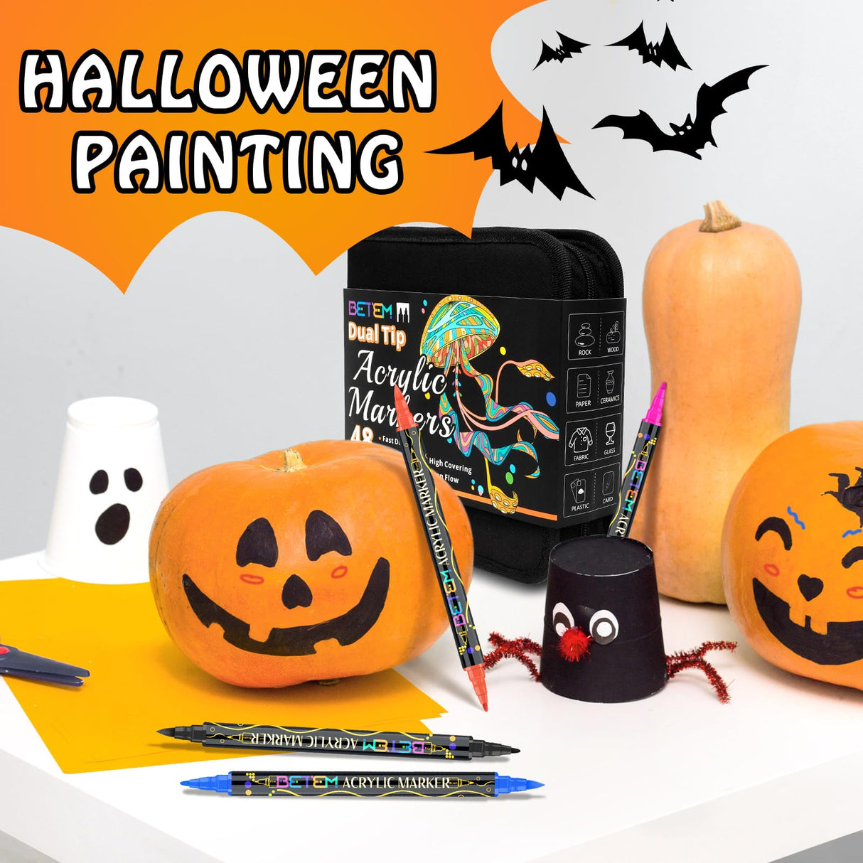 Betem 48 Colors Paint Markers Acrylic Paint Pens, Dual Tip with Brush Tip and Fine Tip, Art Supplies for Rock Painting, Wood, Canvas, Stone, Glass, Ceramic, DIY Crafts Making Drawing Kit with Bag Betem