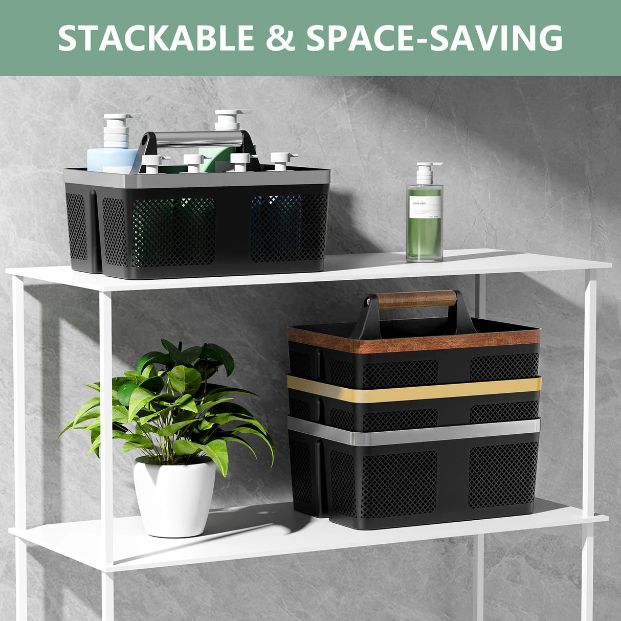 BYUNER Black Shower Caddy Portable: Plastic Bathroom Caddy Organizer with Handle and Holes, Cleaning Caddy, Hard Shower Basket Storage Tote for Toiletry, College Dorm Room Essentials for Men BYUNER