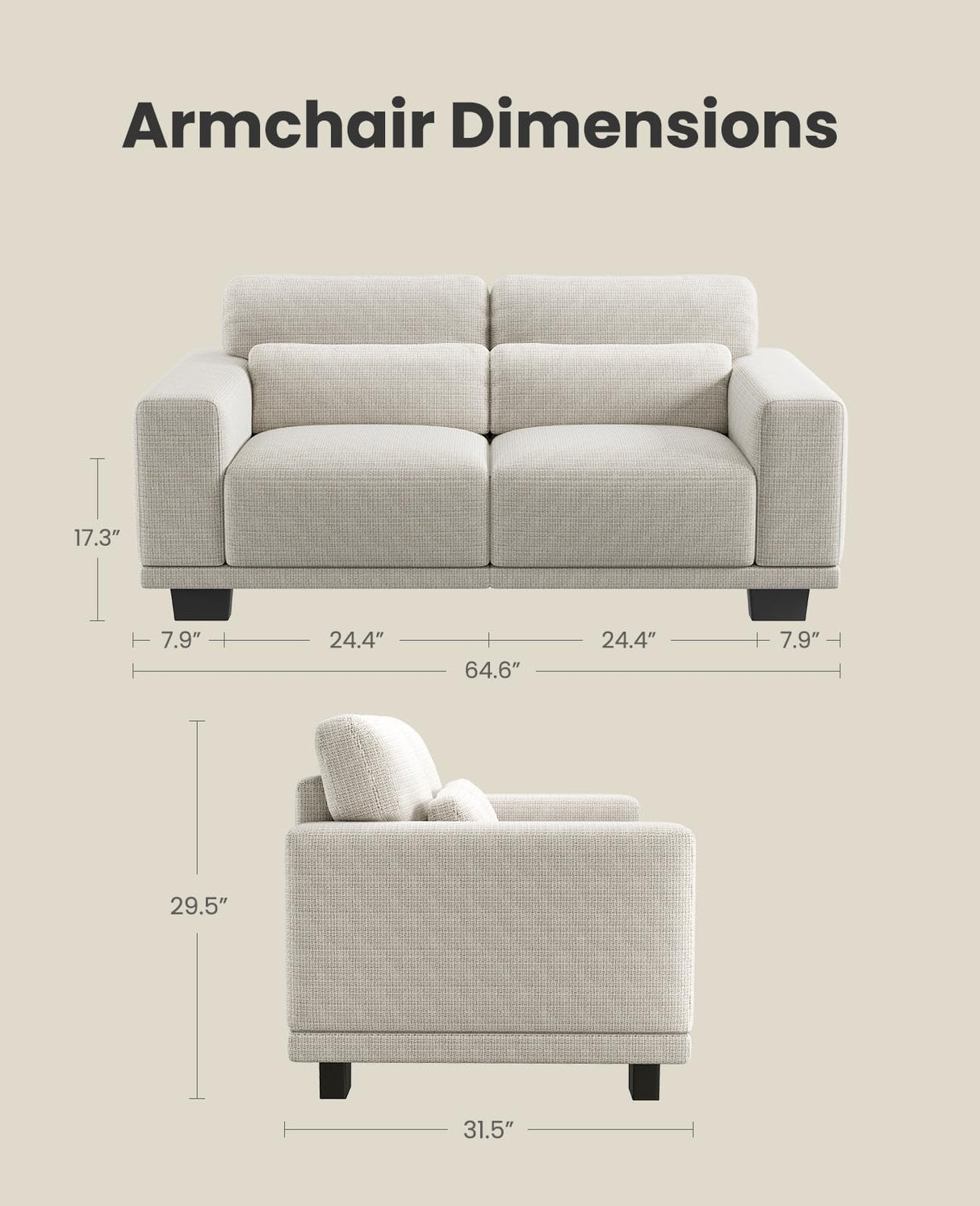 Amada 65" Sofa,Loveseat with Deep Seats and Wide Armrests,Mid Century Modern Upholstered Sofa,Couches for Living Room,Futon Small Couch,Removable Sofa Cover,Easy to Install,White AMADA HOMEFURNISHING