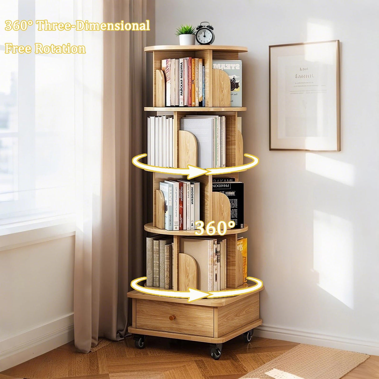 Merax 5 Tier Rotating Bookshelf, 360°Display Round Spinning Bookcase with Wheels, Small Space Book Case Tower for Bedroom Living Room Home Office,Wood Color Merax