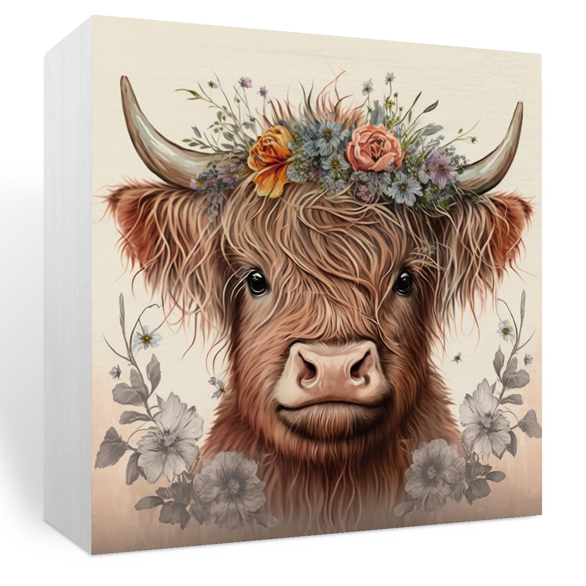 Highland Cow Wooden Box Sign Decor Desk Sign, Baby Highland Cow Nursery Decor, Western Decor, Highland Cow Gifts, Home Office Decor Rustic Farmhouse Square Desk Decor Sign for Shelf Krollma
