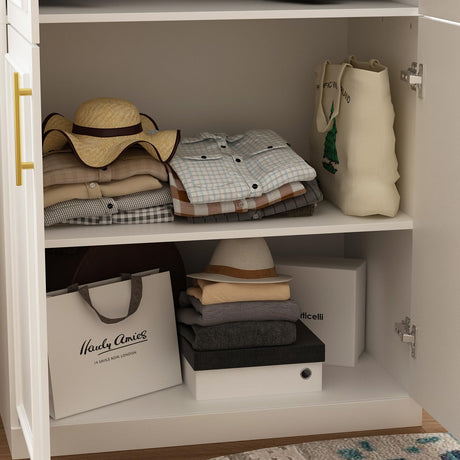 ECACAD White Wardrobe Armoire with 4 Doors, 3-Tier Shelves & Hanging Rod, Wooden Closet Storage Cabinet for Bedroom (30.2”W x 19.3”D x 74.8”H) ECACAD