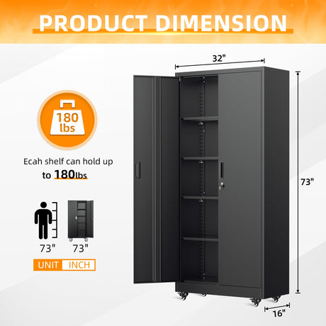 Bonusall Garage Cabinets with Wheels, 73" H Metal Locking Cabinet with 2 Doors and 4 Shelves, Storage Cabinet on Wheels for Home Office,Warehous, School(Black Bonusall