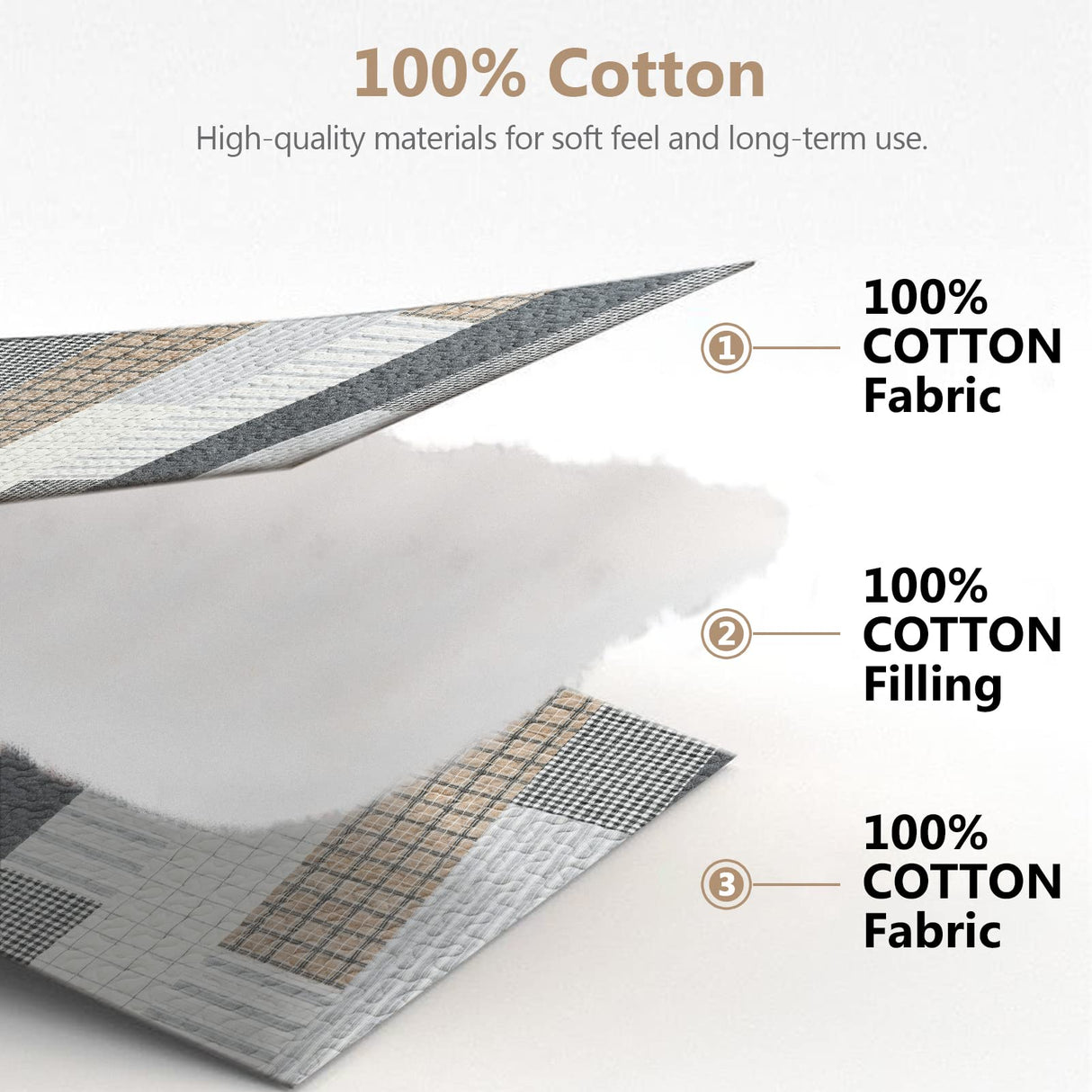 DUOHONG Quilts King Size, King Quilt Bedding Set Bedspread, 100% Cotton Patchwork Quilt for King Bed, 3 Pieces Plaid Farmhouse Reversible Lightweight Comforter Bed Spread, Grey/Tan/Black DUOHONG