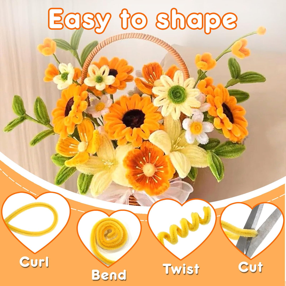 URSDIART 311pcs Pipe Cleaners Flowers Kit,300pcs Yellow Pipe Cleaners Crafts Chenille Stems Bulk 10 Flower Stems Green Tape, Art and Craft Projects Supplies for Flowers, Classroom Project,Decoration URSDIART