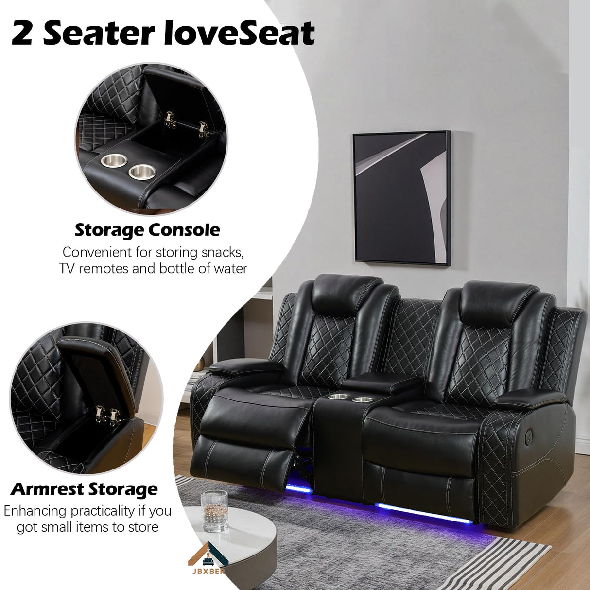 JBXBER Power Recliner Sofa Set for Living Room, Leather Reclining Sofa Sets with Storage Console, Living Room Furniture Sets with LED Lights(Sofa and loveseat,Black) JBXBER