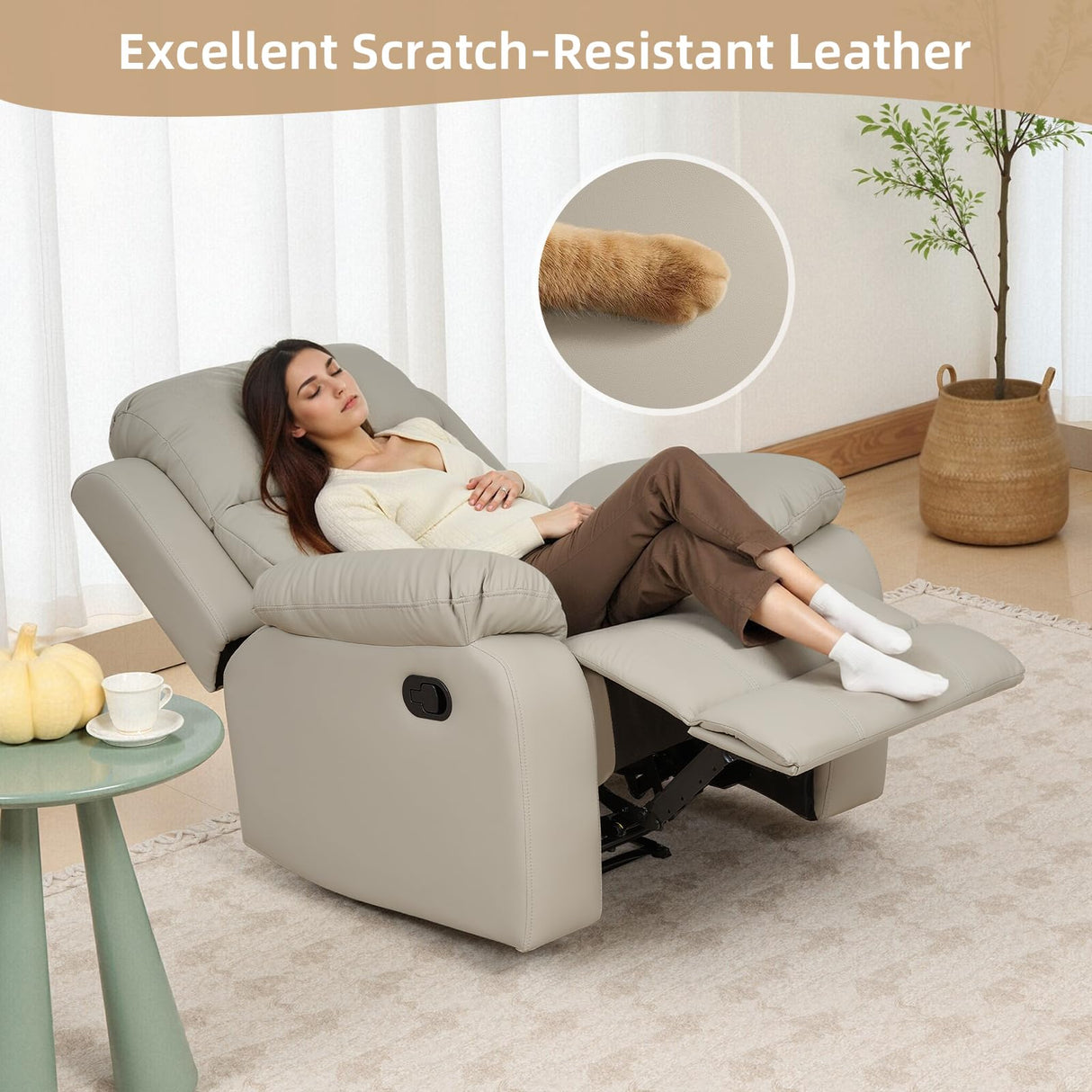 Zevemomo Recliner Chair, Scratch-Resistant Leather Recliner Chairs for Adults, Classic and Traditional Manual Recliner Chair for Small Spaces, Recliner Chairs for Living Room, Beige Zevemomo
