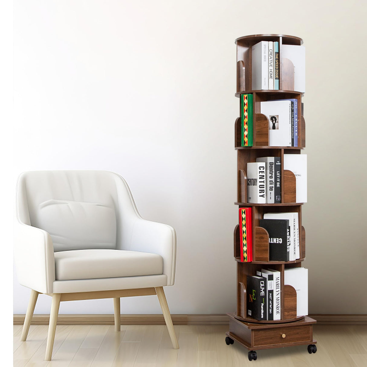 360-Degree Rotating Wooden Bookshelf Tower with Wheels and Storage Drawers DGYLHBJ