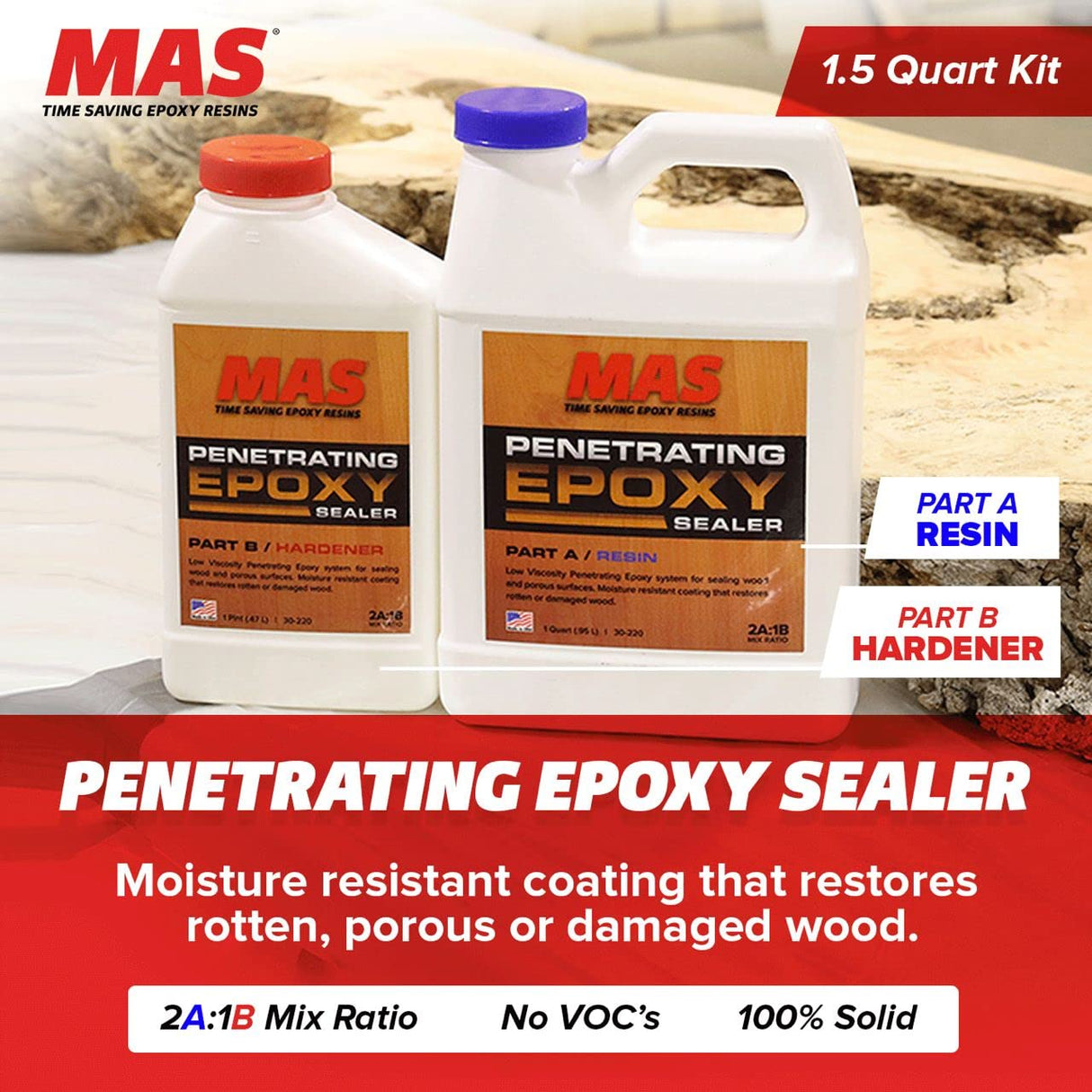 MAS Epoxies Penetrating Epoxy Wood Stabilizer Sealer for Rot Repair and Restoration (1.5 Quarts) MAS