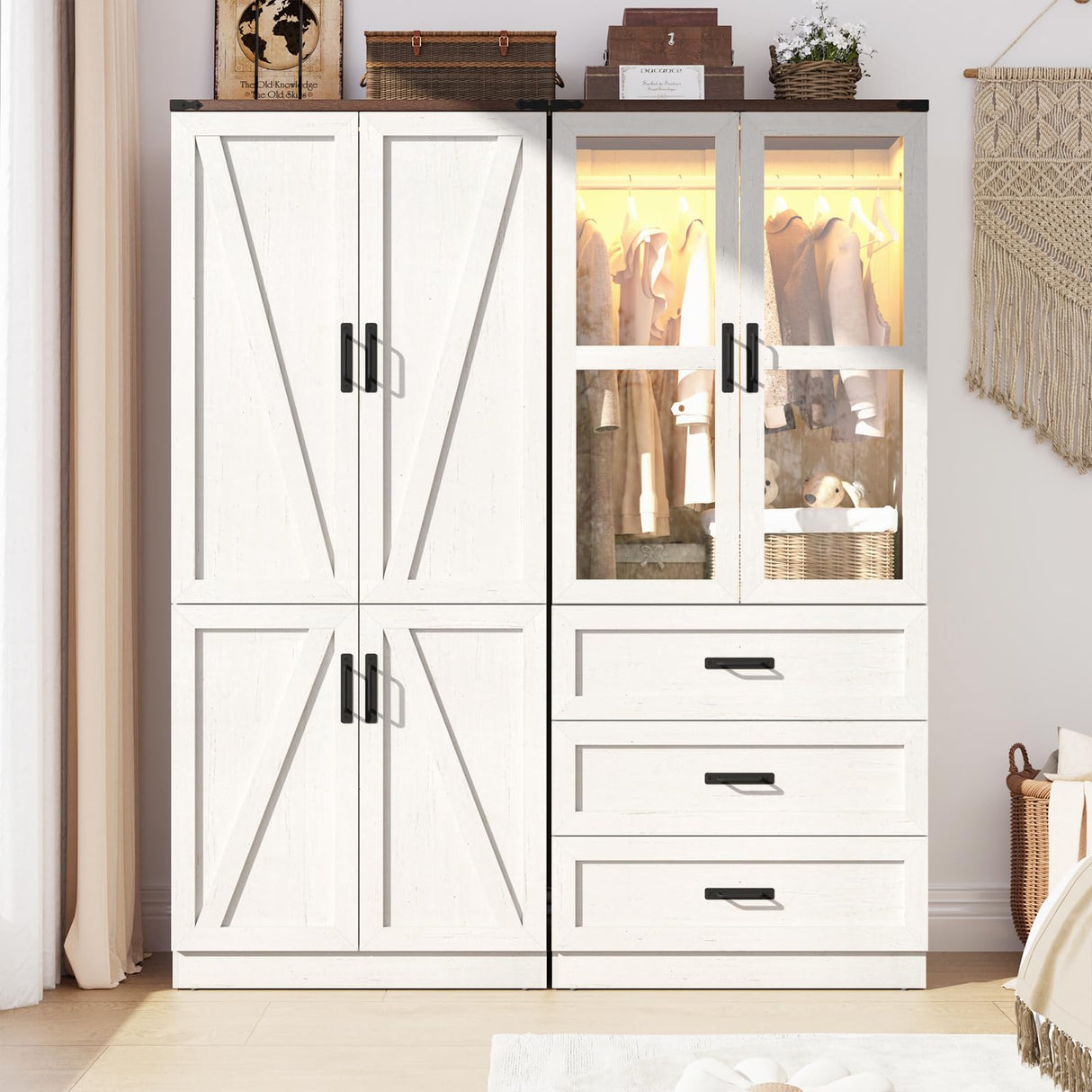 75" Tall Farmhouse 4 Doors Armoire Wardrobe Closet with 3 Drawers and LED,Freestanding Closet Wardrobe Cabinet for Bedroom with Hanging Rod,Wooden Armoire Storage Cabinet Adjustable(Rustic Off White) Hlivelood