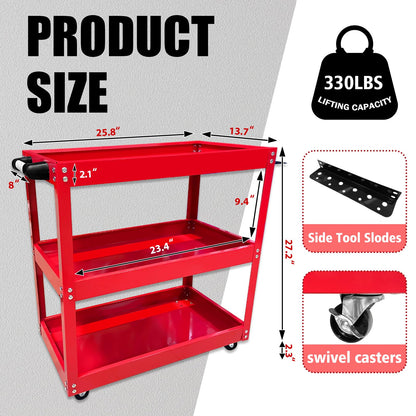 YATOINTO Updated Rolling Tool Cart 330LBS Metal 3 Tier Rolling Cart Carts with Wheels Heavy Duty Utility Carts, Ergonomic Handle Rolling Mechanic Tool Cart Storage Organizer for Warehouse Garage