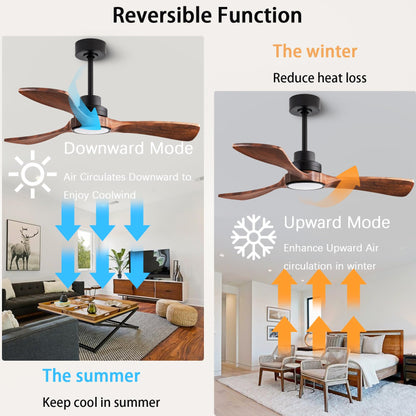 dearnow 42" Ceiling Fan Light with Lights with Remote Control, Indoor Outdoor Wooden Ceiling Fan with 3 Wooden Blades for Patio, Living Room, Office, Farmhouse and More. (Black + Mahogany Color)