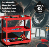 BRLJUNEO Tool Cart on Wheels, 3 Tier Rolling Mechanic Tool Cart, Heavy Duty Steel Utility Cart w/Lockable Wheels, 450 LBS Capacity Industrial Service Cart for Garage, Warehouse, Workshop (Bright Red) BRLJUNEO