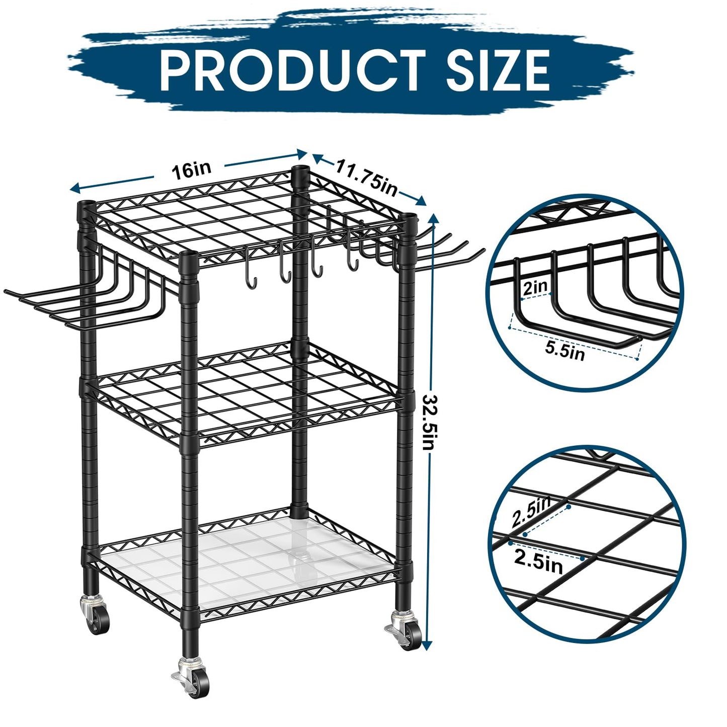 Roxibelt T1 Garden Tool Organizer（With Lockable Wheels）Heavy Duty Garage Tool Storage for Yard，Shed，Outdoor and Lawn，Freestanding Tool Organizers and Storage UP to 50 Tools，Black with Anti-Tip Device