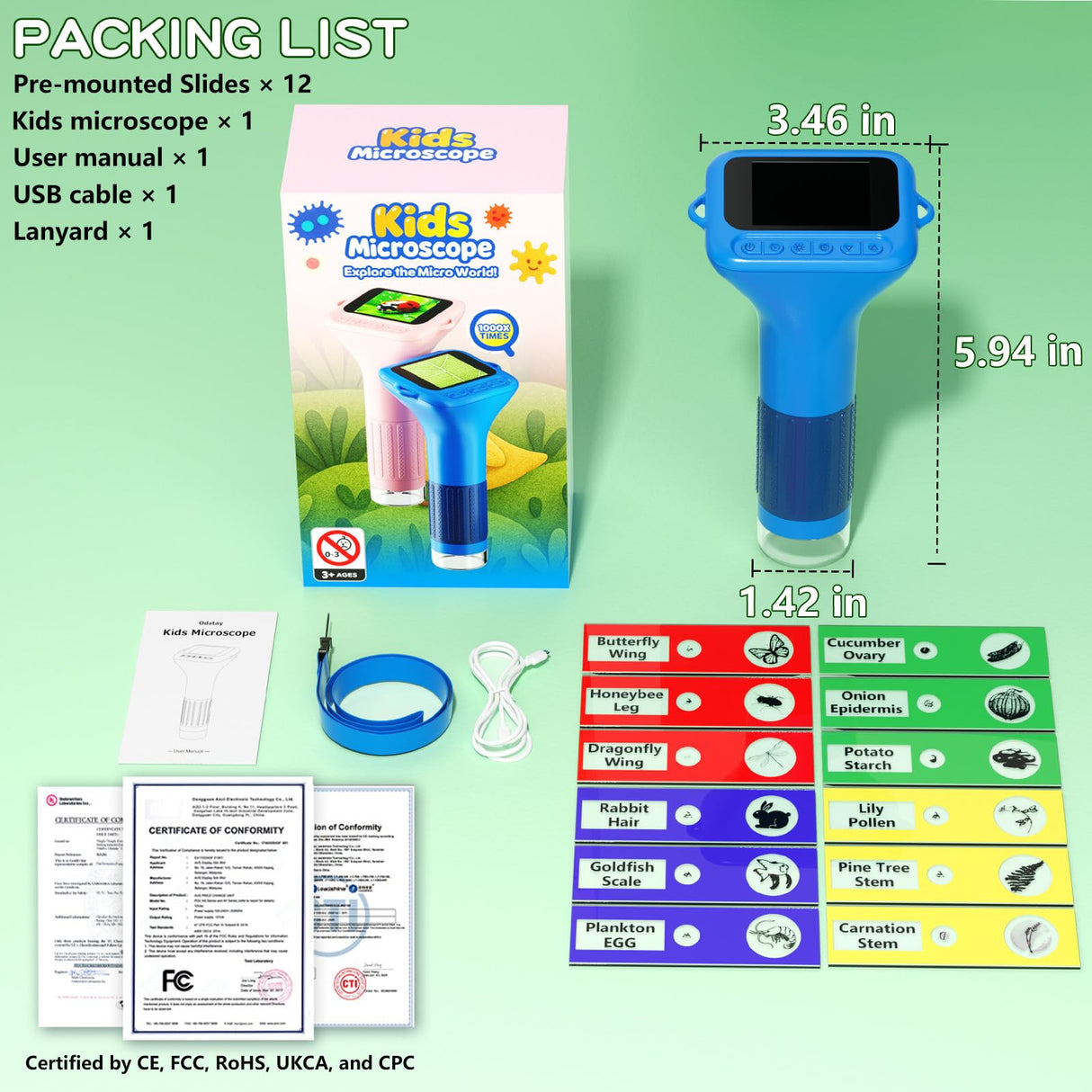 Odatay Microscope for Kids with 12 Slides, 100X-1000X 1080P Digital Handheld Kids Microscope, Mini Portable Pocket Miniscope Science Toys Gifts for 3+ 4 5 6 7 8 9 10 11 12 Year Old Boys Girls, Blue Odatay