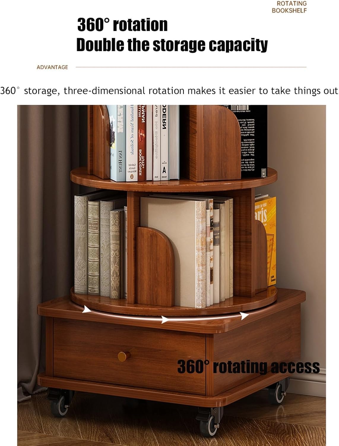 6 Tier Rotating Bookshelf Tower - Round Bookcase Rotating with 360° Rotating Design and Free Assembly Mode, Standing Bookshelf Tower with Drawer and Wheels, Revolving Bookcase for Study Room, Walnut TXFTRR