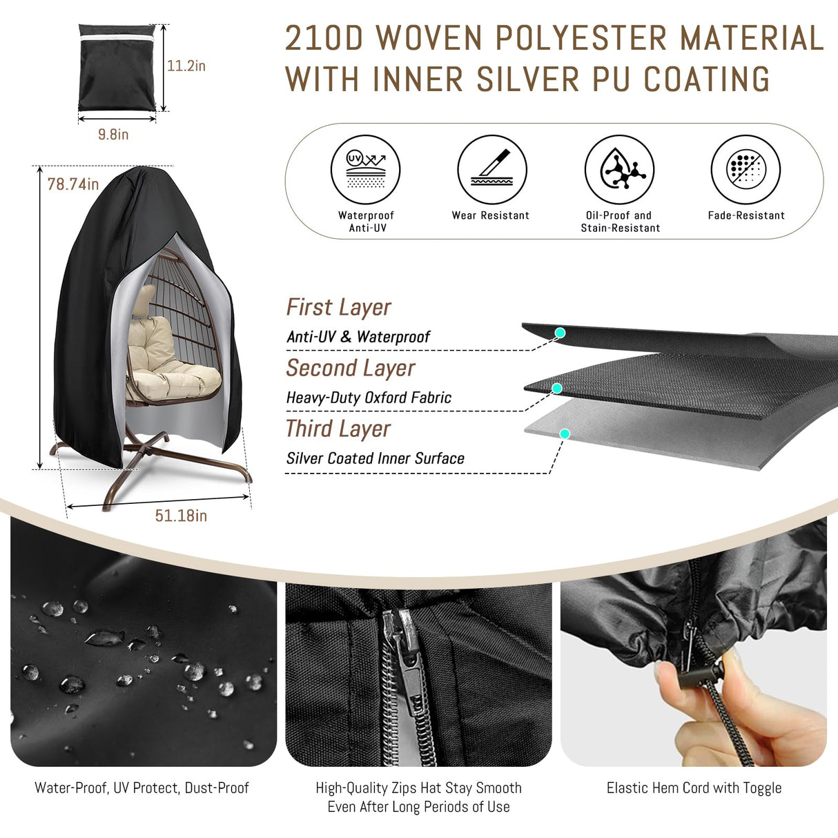 RADIATA Patio Hanging Egg Chair with Stand, Rattan Swing Chair with Cushion and Pillow, Wicker Hammock Chair for Indoor Outdoor Bedroom Living Room Garden (Brown with Cover) RADIATA