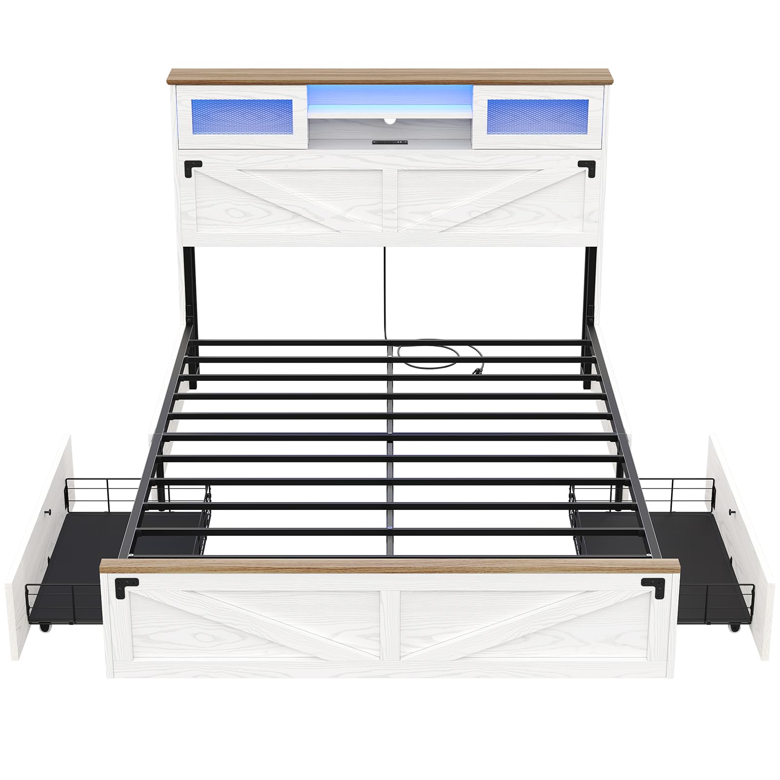 Hasuit Full Size Farmhouse Bed Frame with Bookcase Headboard, Sliding Door, LED Lights, and Storage Drawers in White & Brown - WoodArtSupply