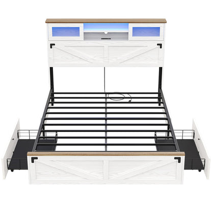 Hasuit Full Size Farmhouse Bed Frame with Bookcase Headboard, Sliding Door, LED Lights, and Storage Drawers in White & Brown - WoodArtSupply