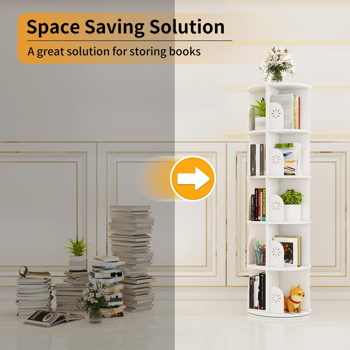 Hestiasko 5 Tier Rotating Bookshelf, 360 Rotating Bookcase, Spinning Bookshelf Tower for Kids & Adults, Corner Book Shelf for Small Space, Revolving Bookcase for Bedroom, Living Room, White Hestiasko