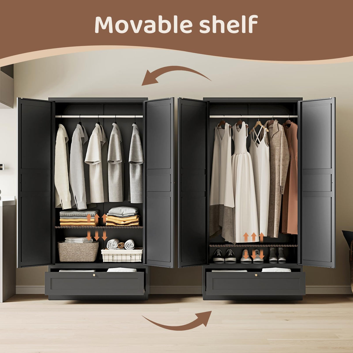 ZAOUS Metal Armoire Wardrobe Closet,72" Tall Wardrobe Cabinet with Drawer,2 Doors Armoire Storage Closet with Adjustable Shelves and Hanging Rod for Bedroom,Black ZAOUS