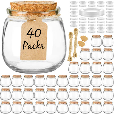 Syntic 40 Pack Small Glass Jars with Cork Lids, 7oz Empty Candle Jars for Making Candles, Yogurt Container with PE Lids for Wedding Favors, Baby Shower, Candy, Spices with Twine, Labels