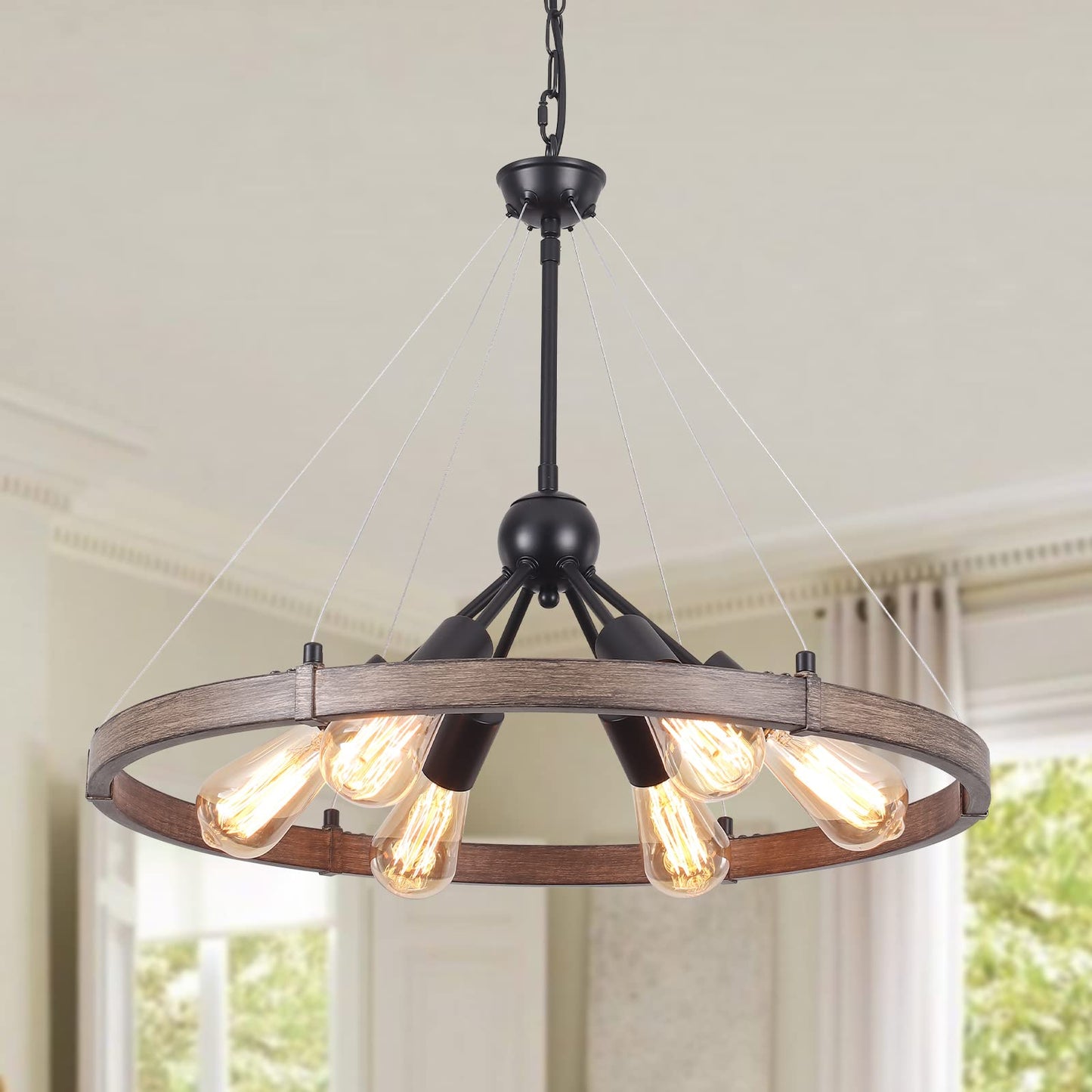 WTYUIO 6 Lights Farmhouse Round Wagon Wheel Chandeliers for Dining Room Diam 23.62'', Rustic Metal Hanging Pendant Light Fixture for Living Room Entryway Kitchen Island, Vintage Wood Grain Finishe