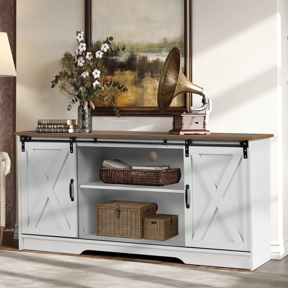 4ever2buy Farmhouse Coffee Bar Cabinet with Storage, 59'' Kitchen Buffet Cabinet with Sliding Barn Door, Sideboard Buffet Cabinet with Adjustable Shelf, White Coffee Bar for Living Dining Room 4ever2buy