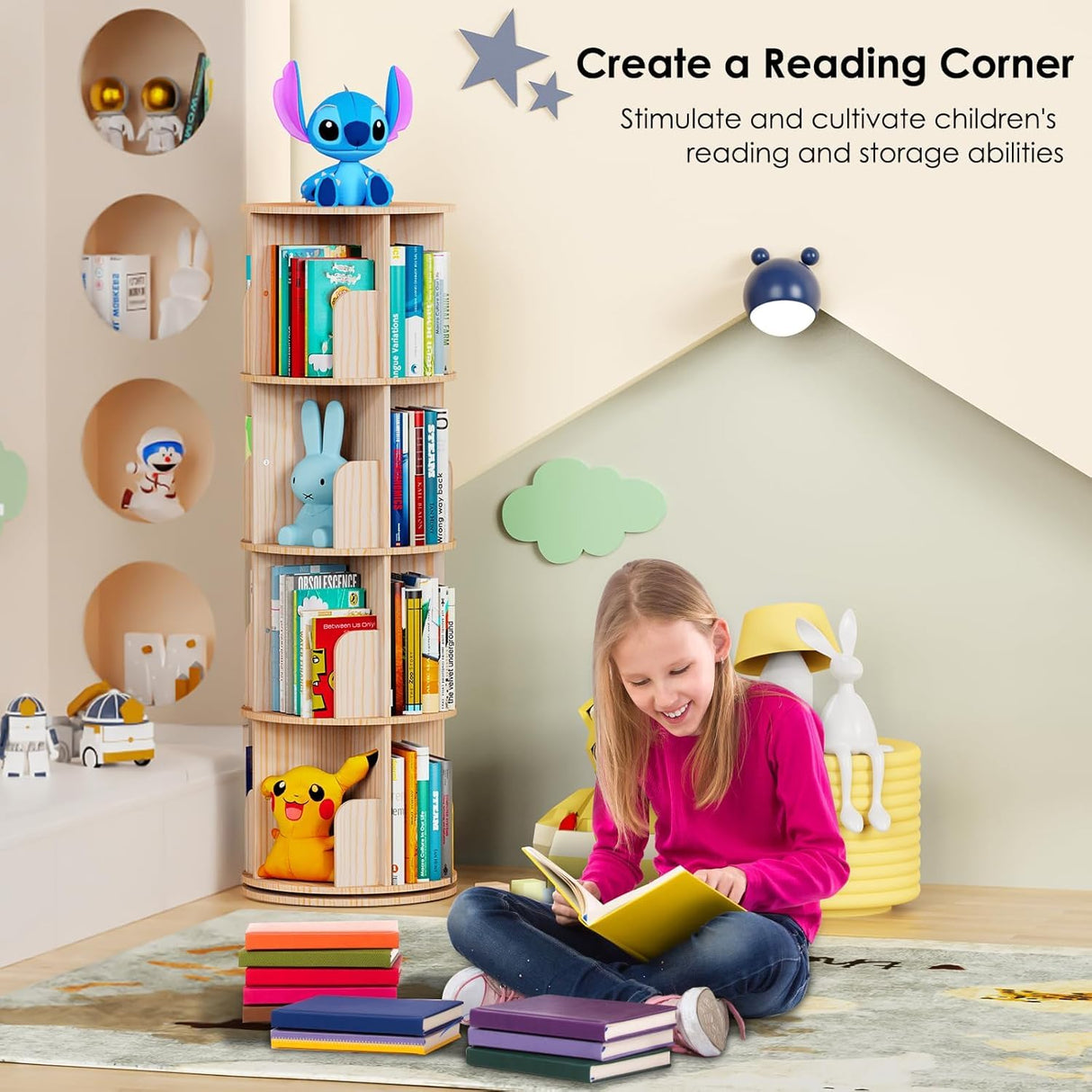 Rotating Bookshelf Tower – 4 Tier Wooden Book Shelf, Small Narrow Spinning Bookcase for Kids Rooms, Corner Bookshelf Organizer for Kids Books and Home Storage Kinembold