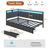 DICTAC Twin Size Bed Frame with 2 Storage Drawers & Charging Station twin Platform Corner Bed Frame with Led Lights Twin Daybed With Upholstered Guardrail for Living Room, Bedroom and Guest Room, Gray DICTAC