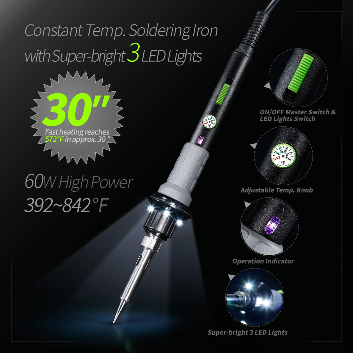YIHUA 947-V Soldering Iron Kit with 3 LED Lights, Temperature Control, 5 Premium Solder Tips, Desoldering Pump, Indicator & ON/OFF Switch-60 Watts Soldering Iron, Solder Wire, Tip Cleaner, and more. YIHUA
