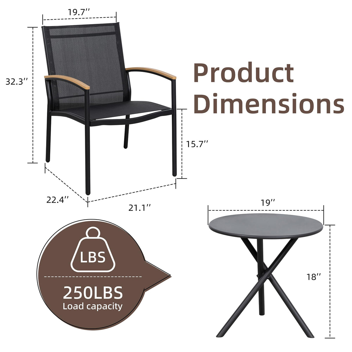 Shintenchi 3 Pieces Patio Bistro Sets, Outdoor Textilene Fabric Conversation Bistro Set, Textilene Fabric Front Porch Chairs Small Patio Furniture Set with Table for Lawn,Garden,Balcony (Black) Shintenchi