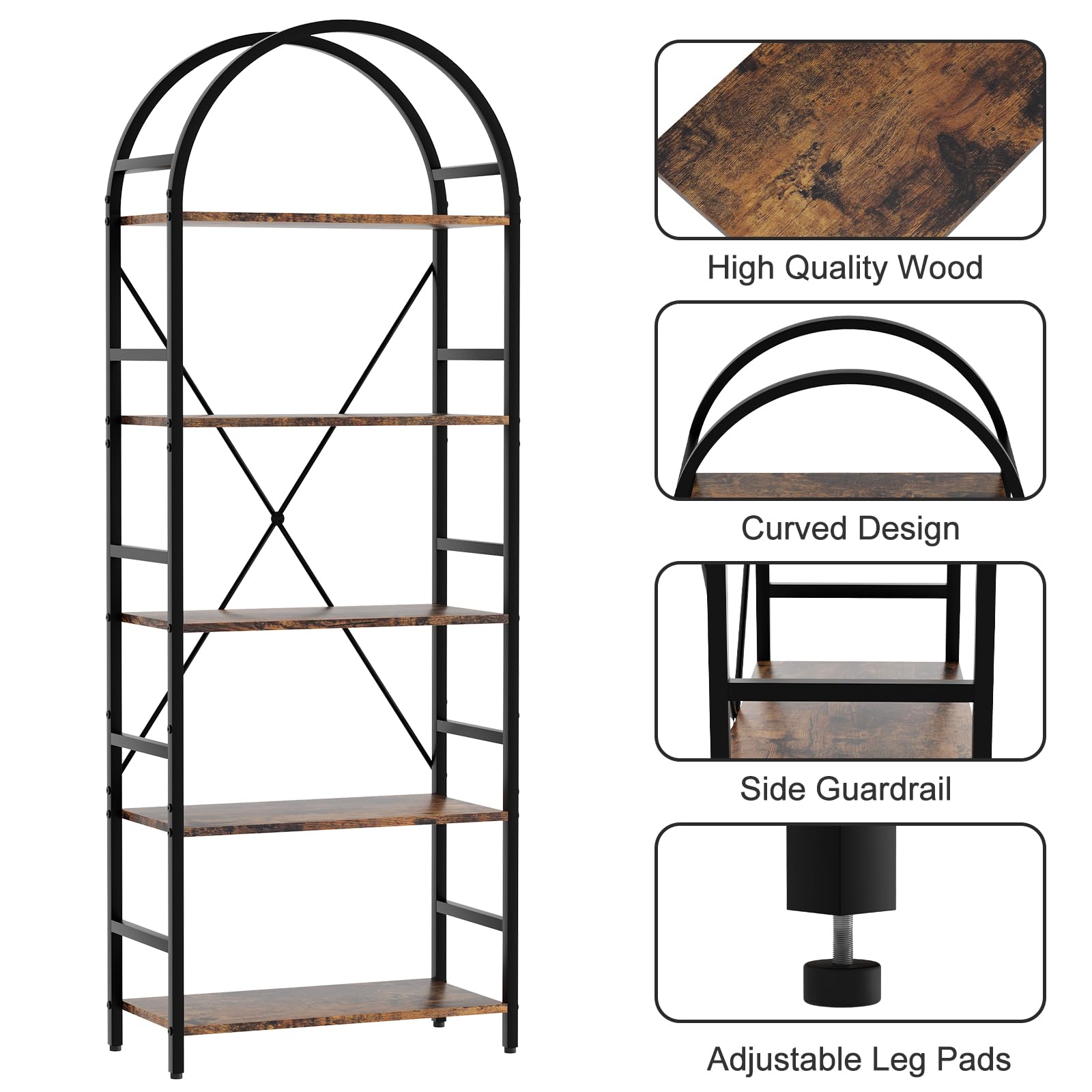 Arbuxzuy 5-Tier Industrial Arched Bookshelf - Vintage Open Storage Rack for Home Office - WoodArtSupply