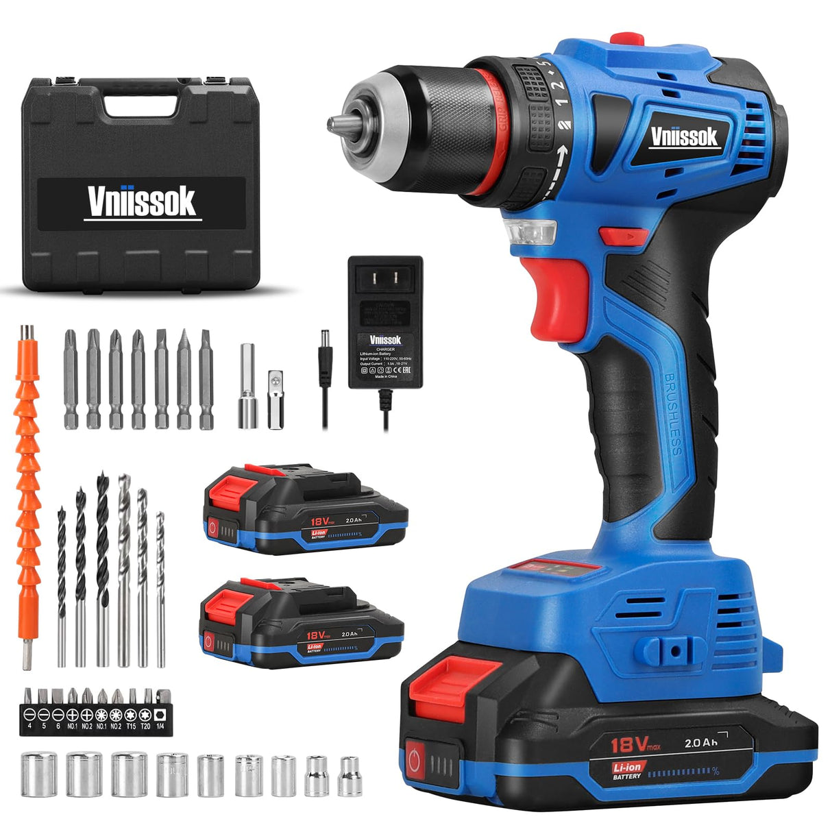Vniissok Cordless Drill Set,18V Brushless Power Drill Kit with Battery and Charger, 3/8" Keyless Chuck, Variable Speed, Drill Driver Bits Kit for Drilling and Tightening/Loosening Screws Vniissok