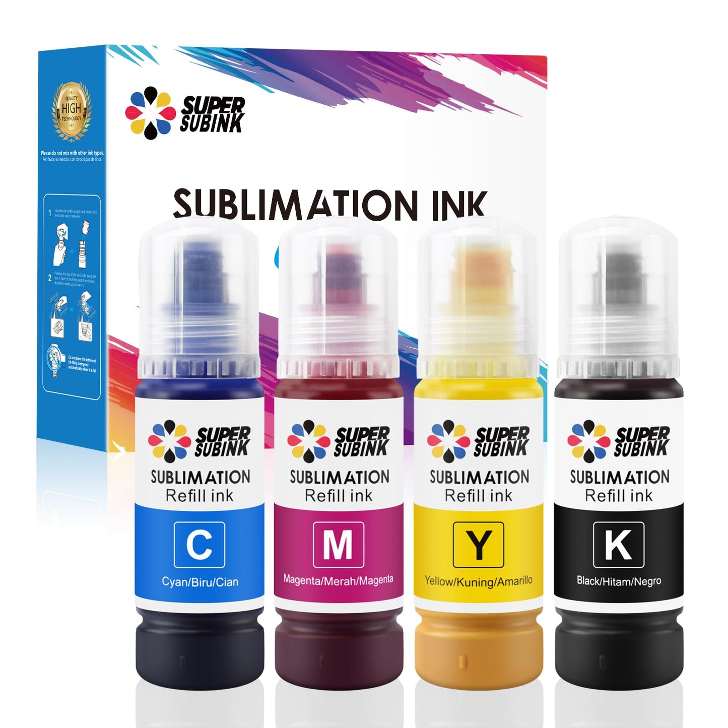 SUPERSUBINK Sublimation Ink for Epson 2800 ET2803 ET2850 ET2720 ET2760 ET4800 ET15000 Heat Press Transfer Ink (Auto-Fill Anti-UV ICC-Free)